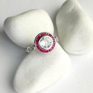 Art Deco White Sapphire and Ruby Ring in Sterling Silver